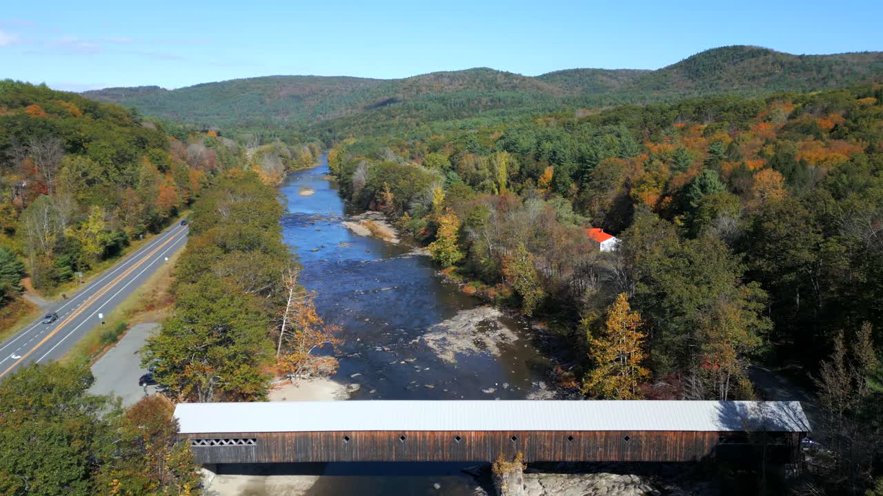 Historic West River Covered Bridge, West Dummerston Vermont, aerial establishing dolly