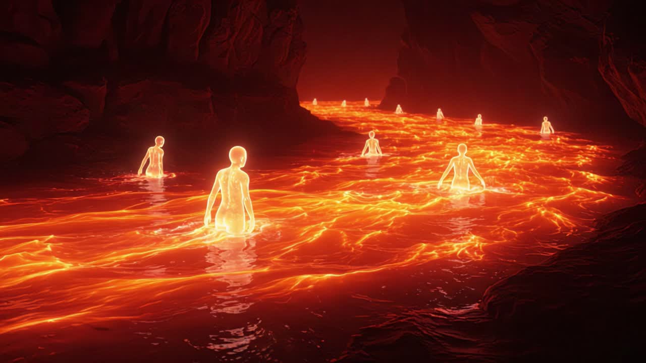 Surreal Scene of Ethereal Figures Walking Casually Through a Flowing River of Lava in an Enigmatic Cavern, Illuminating the Dark Surroundings with Their Glow
