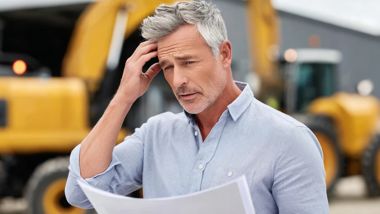 A Pensive Man Analyzing Plans Amid Heavy Machinery at a Construction Site, Contemplating the Next Steps for the Ongoing Project in a Worried Expression