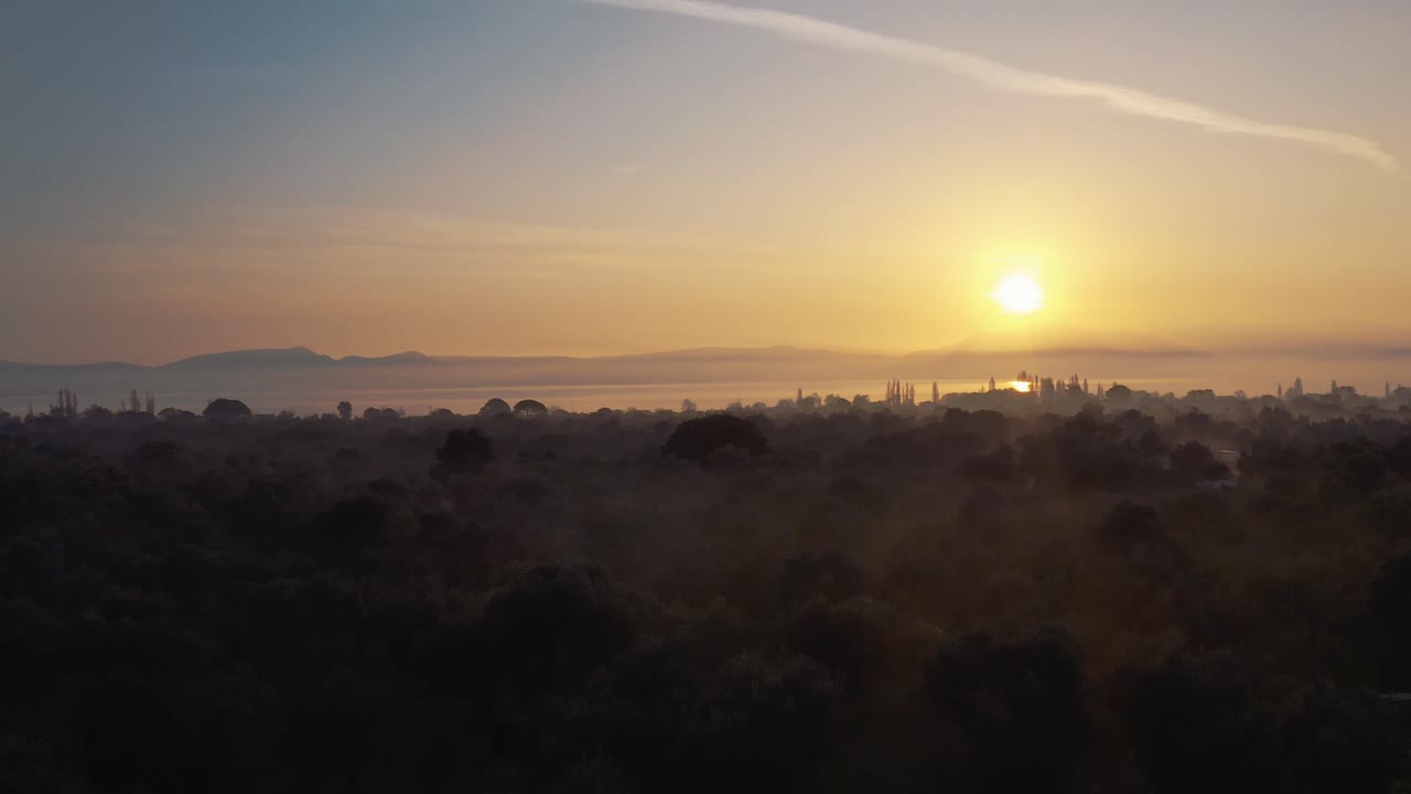Drone flying above dew, forest and shore, golden hour sunrise in Lesvos, Greece