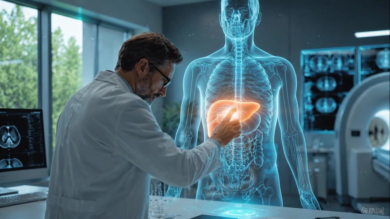 Doctor Examining Holographic Human Liver Anatomy in Modern Medical Laboratory
