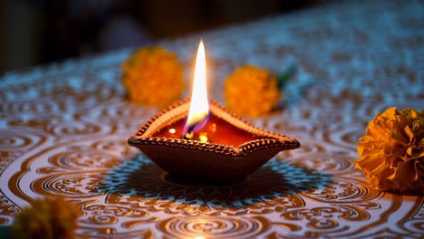 diwali diya with marigolds