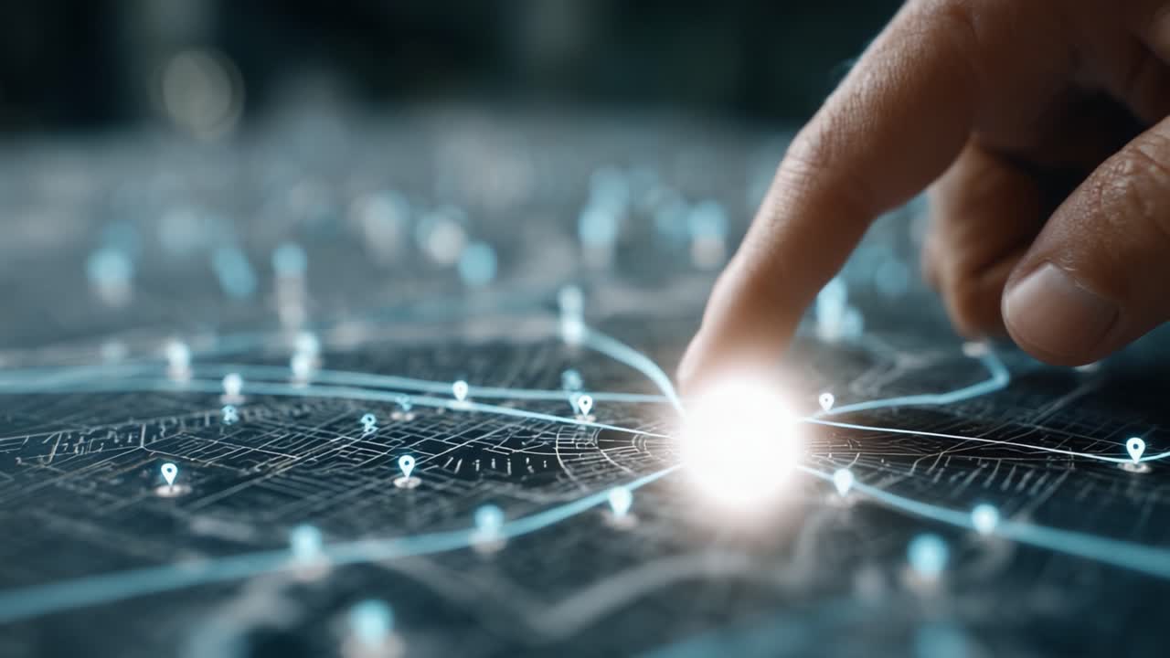 Exploring Digital Mapping: A Close-Up on an Interactive Touchscreen Interface Displaying a Detailed Network of Routes and Connection Points
