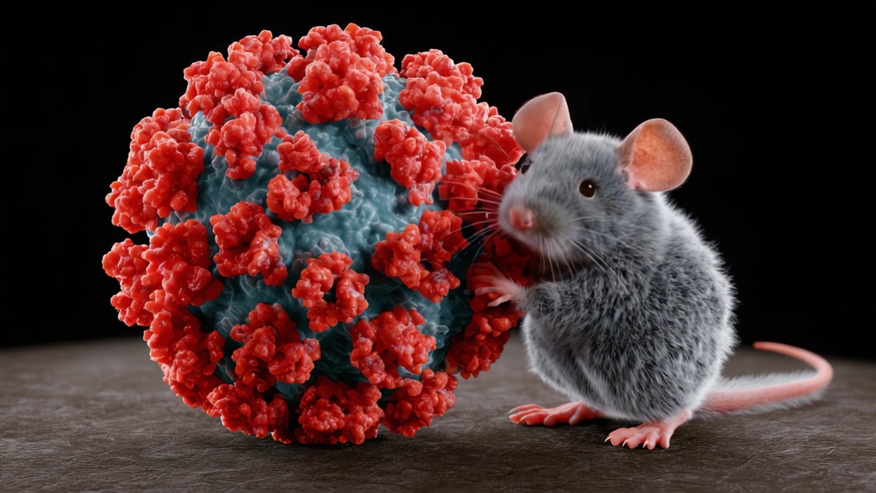 A mouse interacts with a large, vividly detailed virus structure, symbolizing the study of viral infections and their effects in biological research, showcasing the intricate relationship between hosts and pathogens.