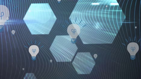 Animation of light bulb icons over blue hexagons and light trails