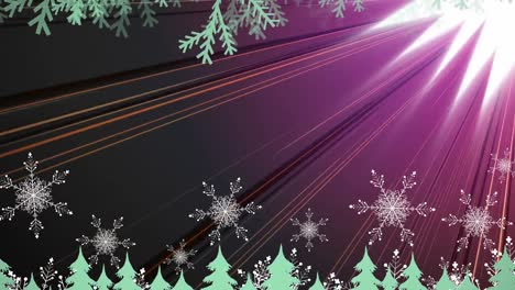 Multiple-christmas-tree-icons-and-snowflakes-against-light-trails-on-purple-background