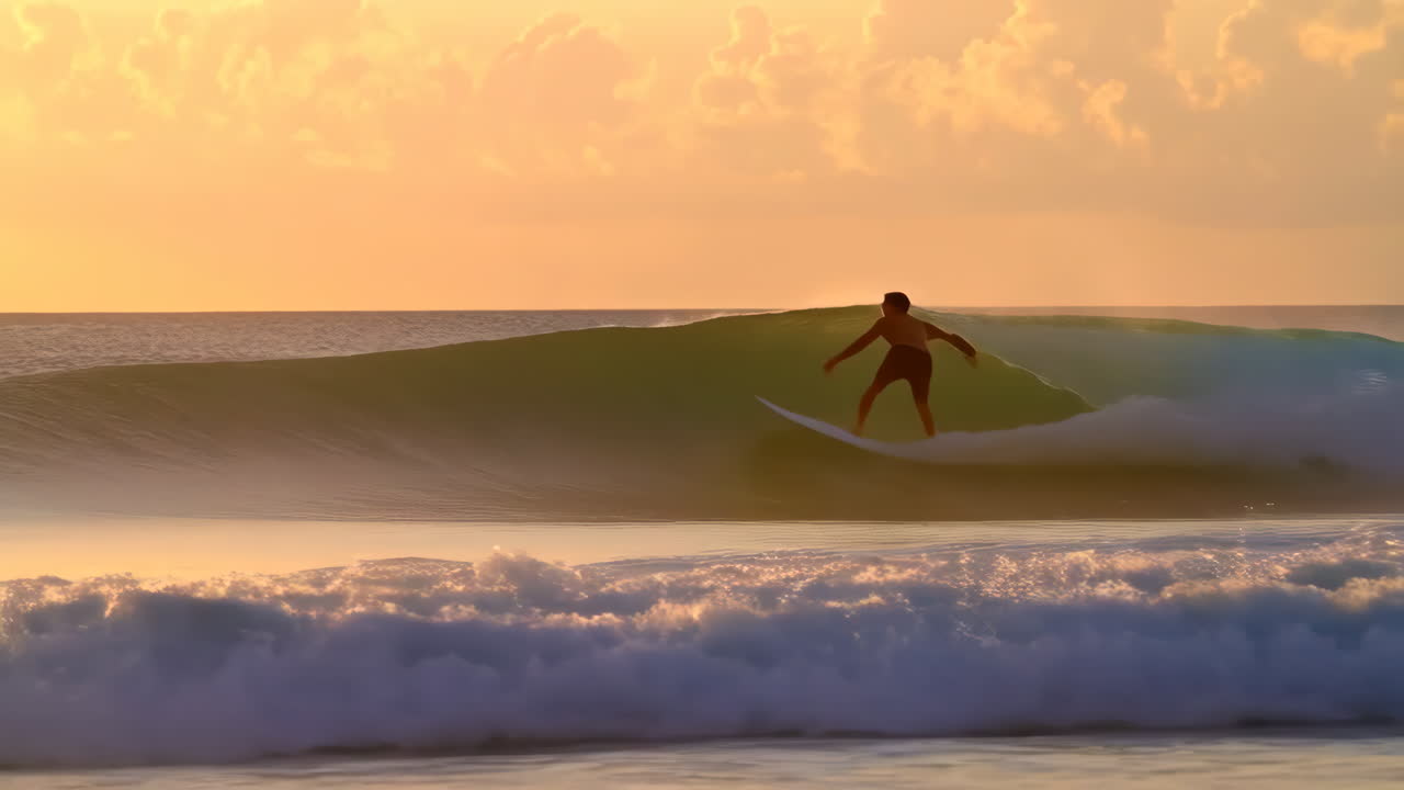 un surfista montando una ola al atardecer