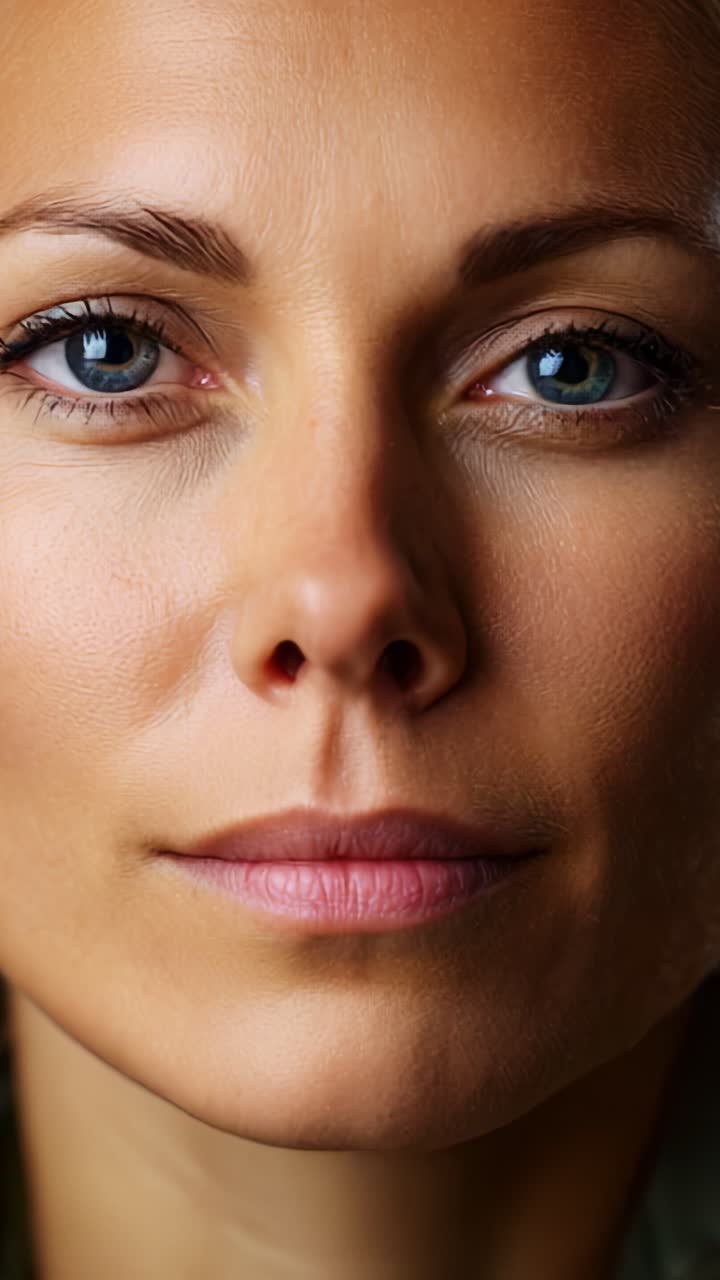 Primo piano di una donna che mostra dettagli del viso intricati e occhi espressivi che catturano emozioni e profondità in uno scatto straordinariamente intimo