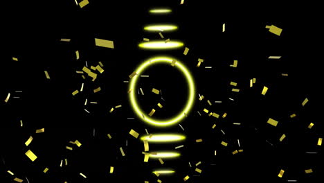 Glowing-yellow-circle-and-lines-with-confetti-falling-animation-on-black-background