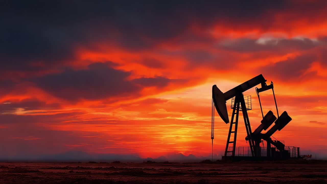 Un tramonto suggestivo silhouette una pompa petrolifera contro un cielo drammatico, evidenziando l'intersezione tra natura e industria in un paesaggio affascinante.