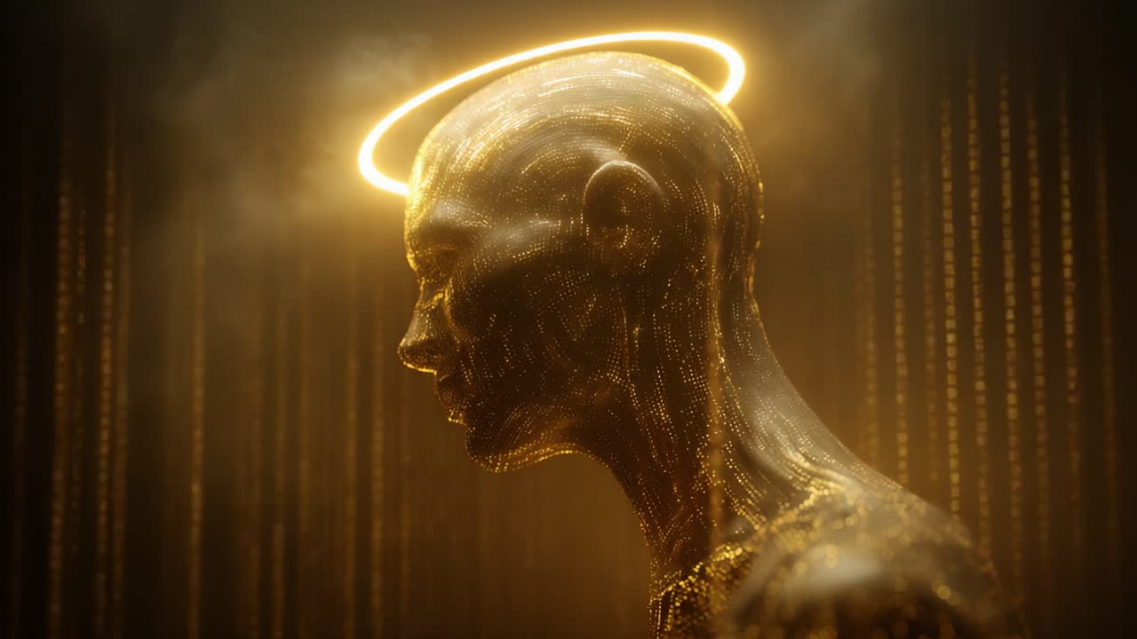 A Transcendent Digital Being with a Golden Glow Emphasizing the Interaction of Technology and Spirituality in a Futuristic Environment, Capturing the Essence of Modern Existential Reflections