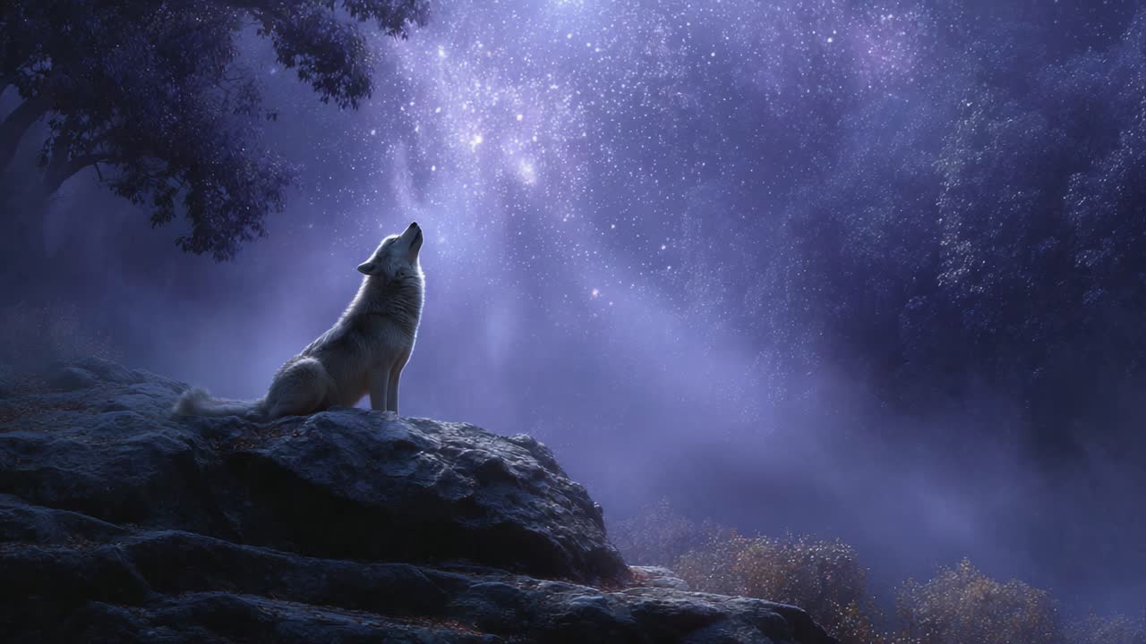 A majestic wolf howls at the ethereal night sky, surrounded by a mystical landscape illuminated by stars and shimmering cosmic light, evoking a sense of wonder and connection to nature