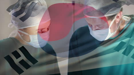 animation of flag of south korea waving over surgeons in operating theatre