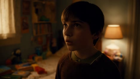 un niño en un dormitorio mirando hacia arriba y cuestionando algo