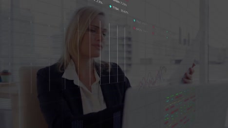 animation of financial data processing over businesswoman using tablet