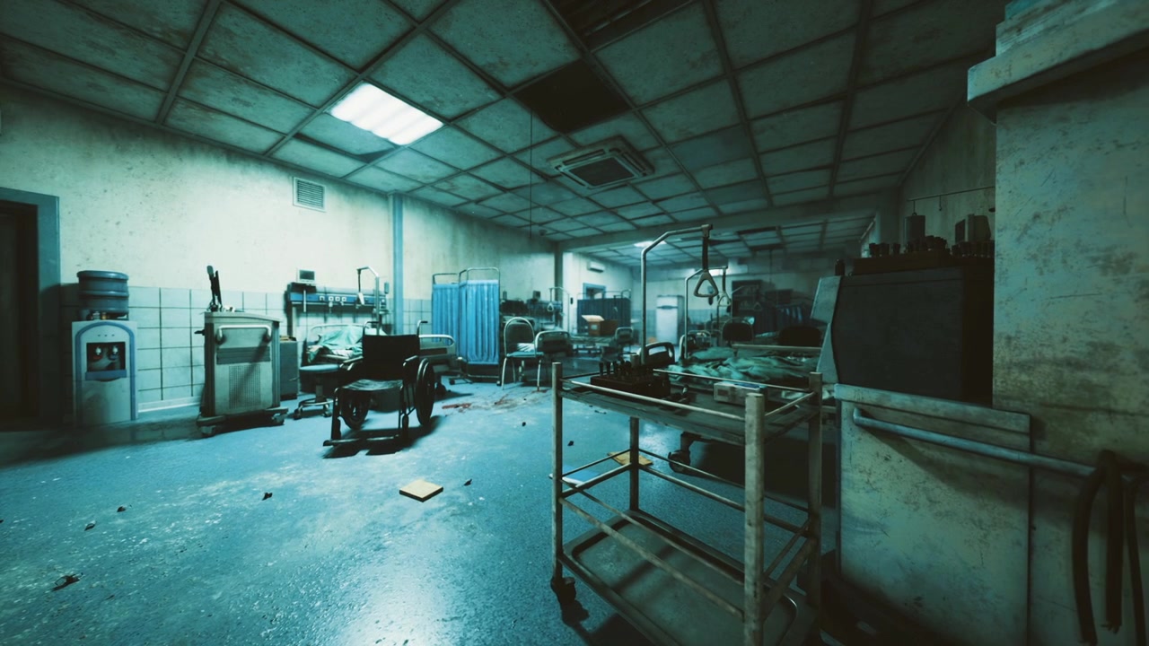 Quiet abandoned hospital scene with broken ceiling and scattered carts