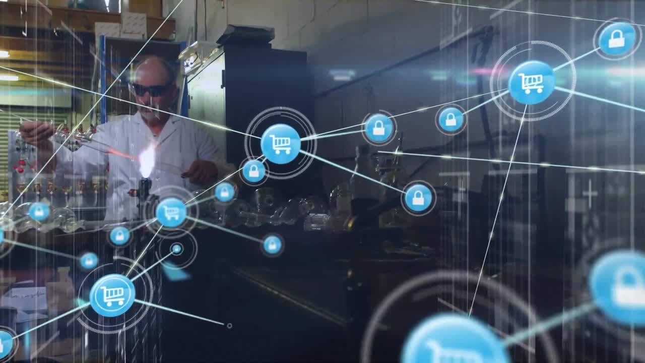 animación de la red de conexiones sobre un trabajador de laboratorio caucásico