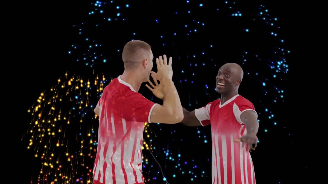 다양한 남자 축구 선수들이 손을 들어 올리는 불꽃놀이 애니메이션