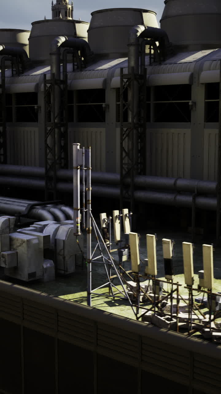 Industrial cooling system on rooftop during daytime in urban area
