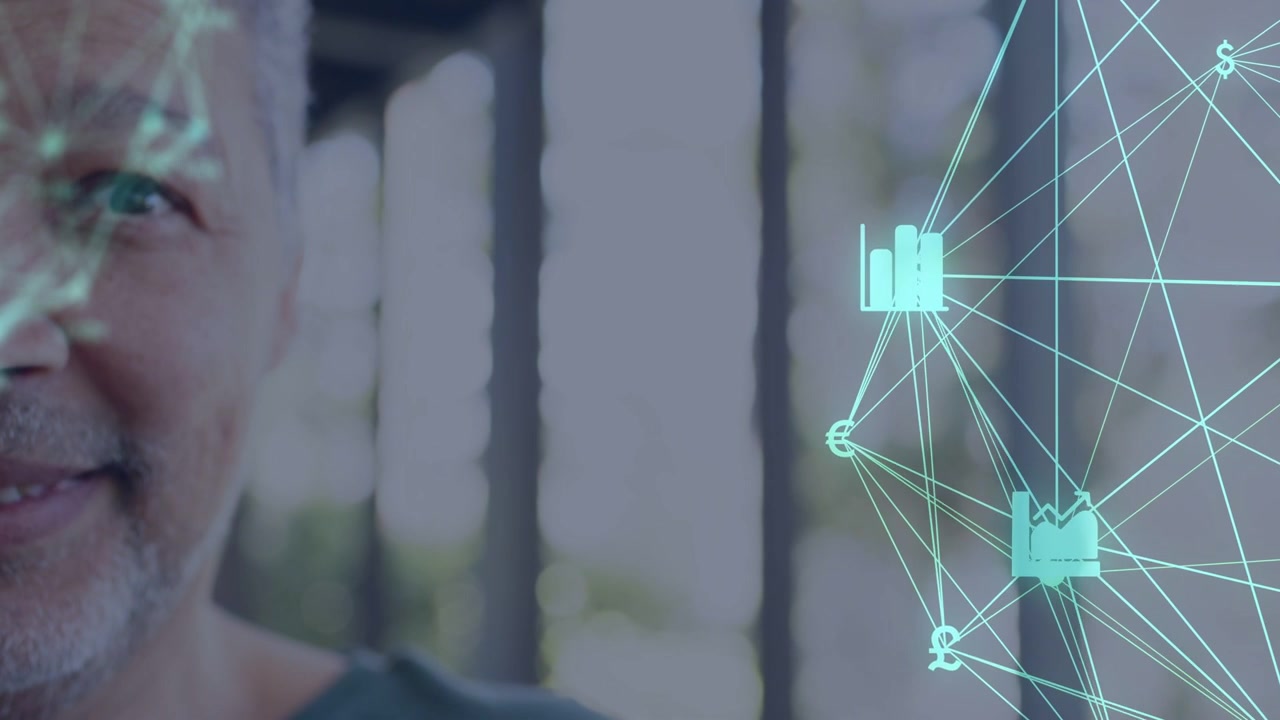 Mature man on left, face map appearing, teal finance web sliding from right showing currency charts