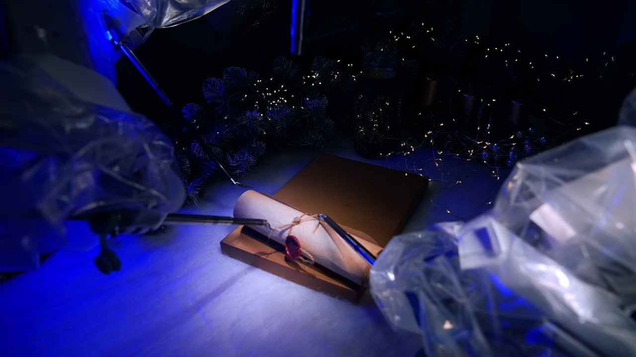 Robotic arms of surgical robot tie a rope on the scroll. Medical equipment performs delicate work in dark room. New Year decorations at backdrop.