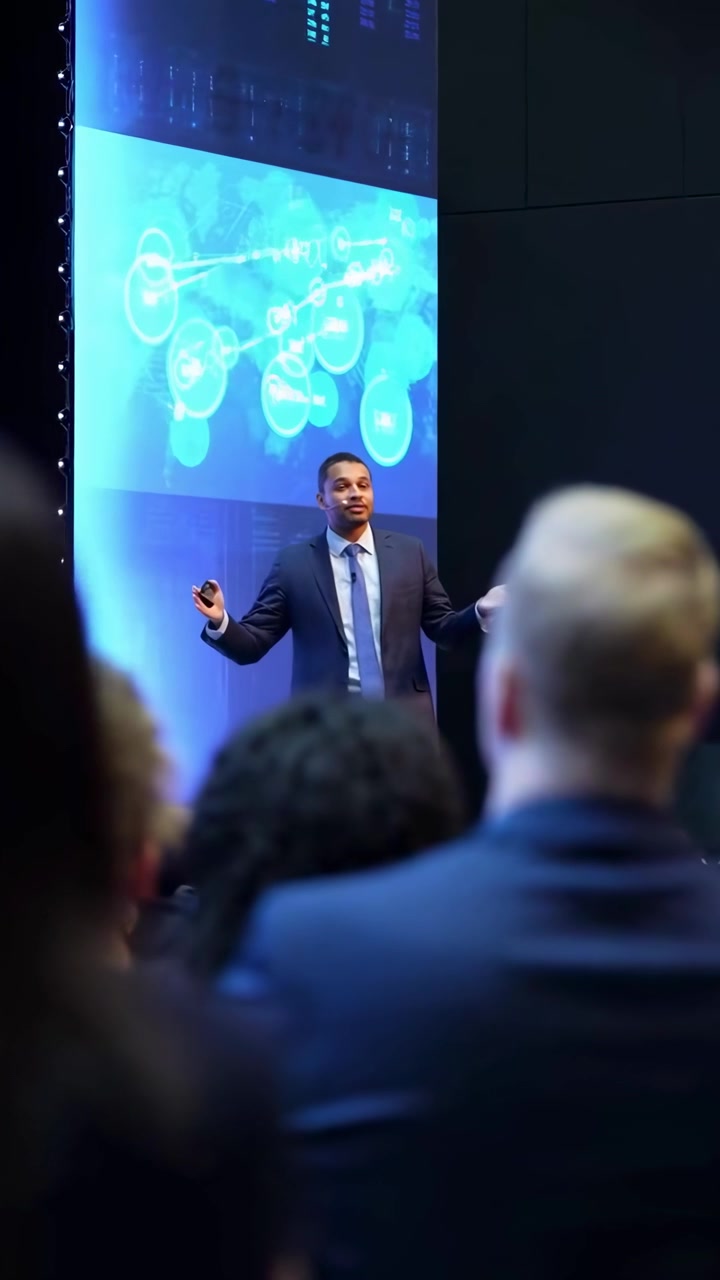 Uomo d'affari che presenta analisi e dati in tempo reale a un pubblico