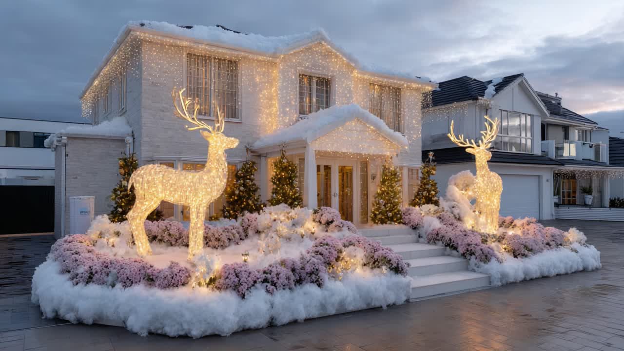 A Beautifully Decorated Home Featuring Glittering Reindeer Statues and Festive Lights, Transforming the Exterior into a Winter Wonderland During the Holiday Season