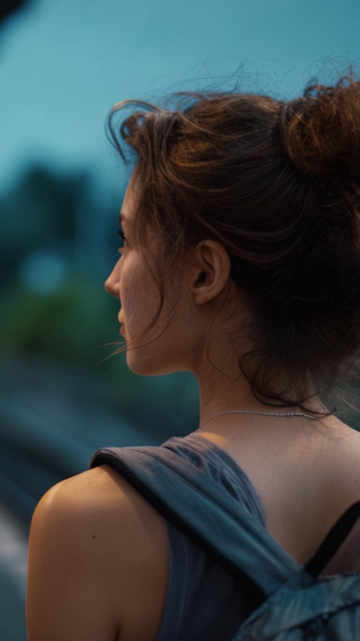 Profile of a Thoughtful Young Woman at Dusk, Capturing a Moment of Reflection and Anticipation on a Train Platform with Soft Ambient Lighting