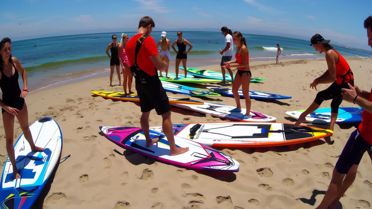 People learning windsurfing and stand-up paddleboarding at the beach