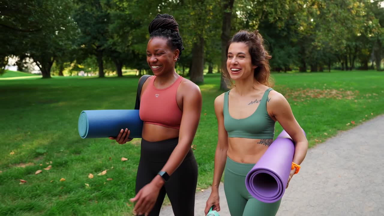Zwei Frauen mit Yogamatten gehen in einem Park, aus der Seitenansicht in einem Lifestyle-Video festgehalten.