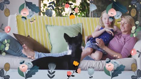 animación de flores sobre madre y hija caucásicas felices jugando con el perro