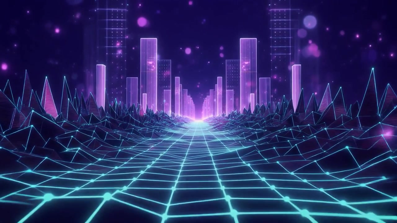 Paesaggio urbano futuristico al neon con griglia digitale