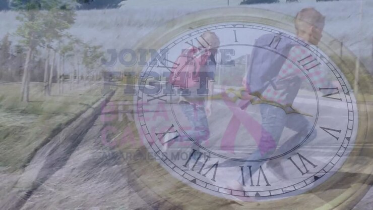 Animation of clock moving over diverse schoolchildren running