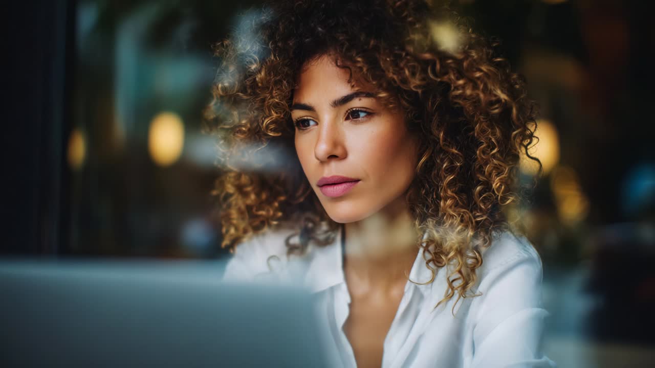 A Thoughtful Moment: Capturing the Intense Focus of a Young Woman with Curly Hair as She Engages in Deep Contemplation While Observing Her Laptop Screen in a Stylish, Modern Environment