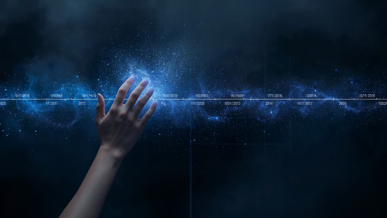 Approaching bare hand and forearm activating blue orb on timeline in nebula while selecting tick