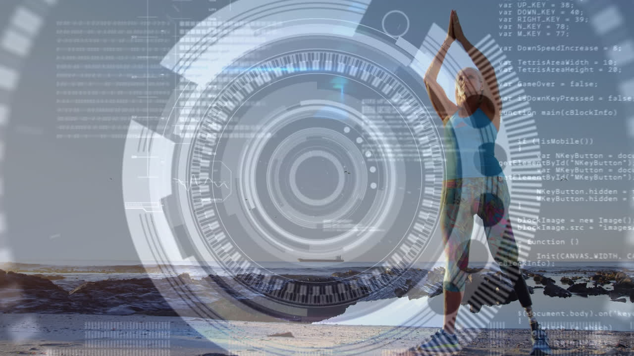 animación de escaneo de alcance sobre mujer con extremidad artificial haciendo ejercicio en la orilla del mar