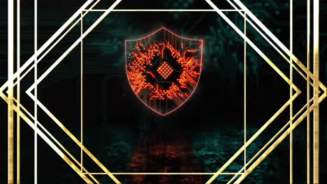 cybersecurity shield with circuit board design animating over dark digital background