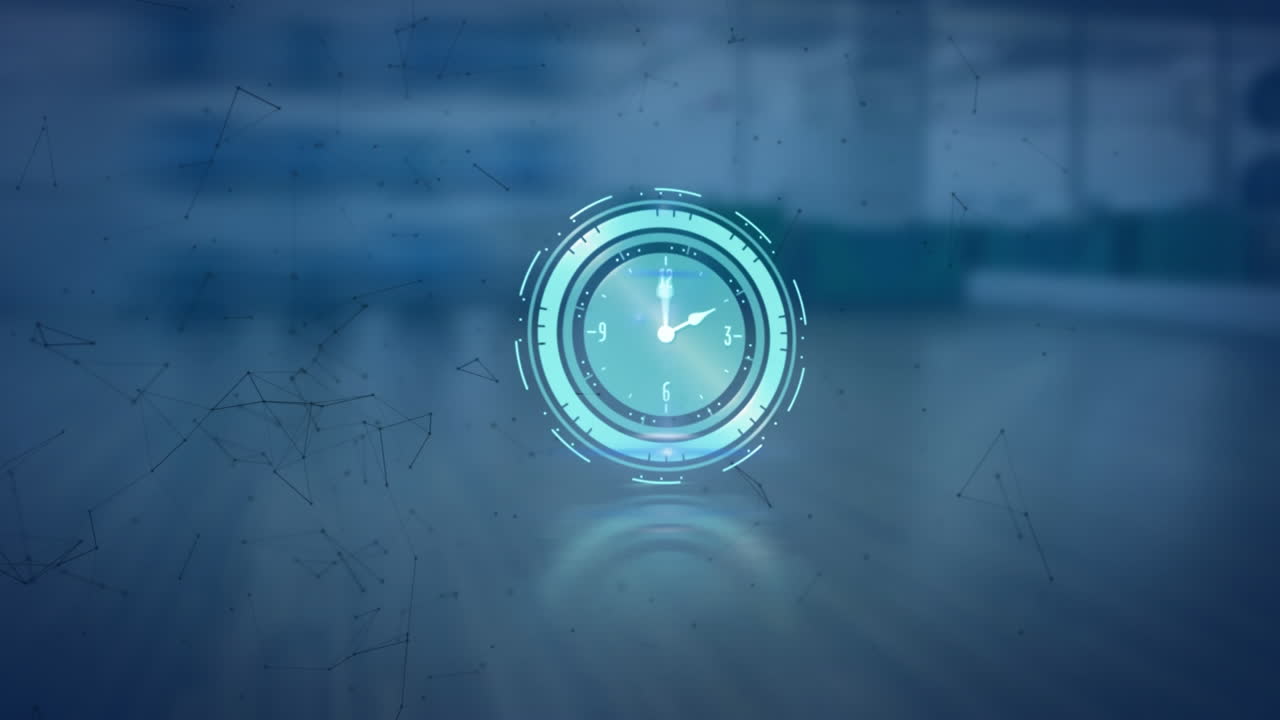 Animazione di orologio in movimento e costellazioni su sfondo blu
