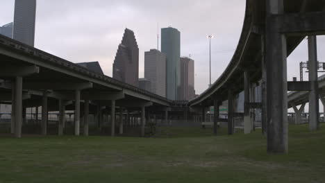 low angle establishing shot of downtown houston