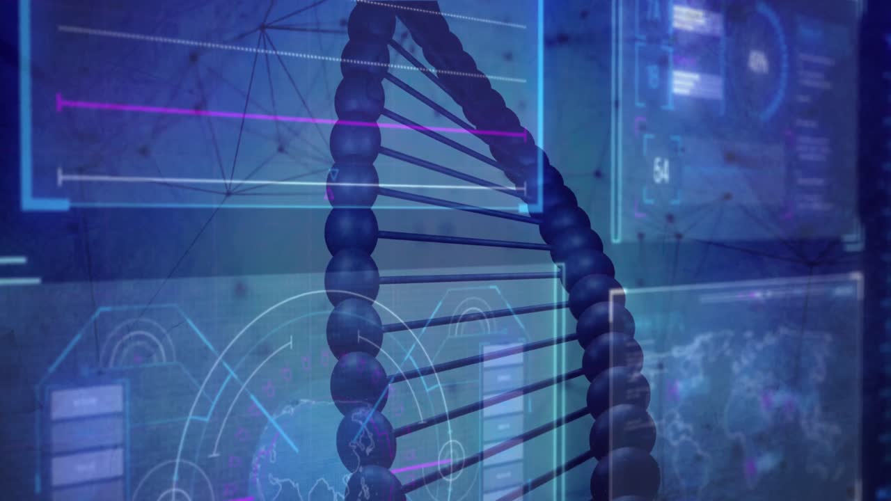 Animation of dna strand over data processing on blue background