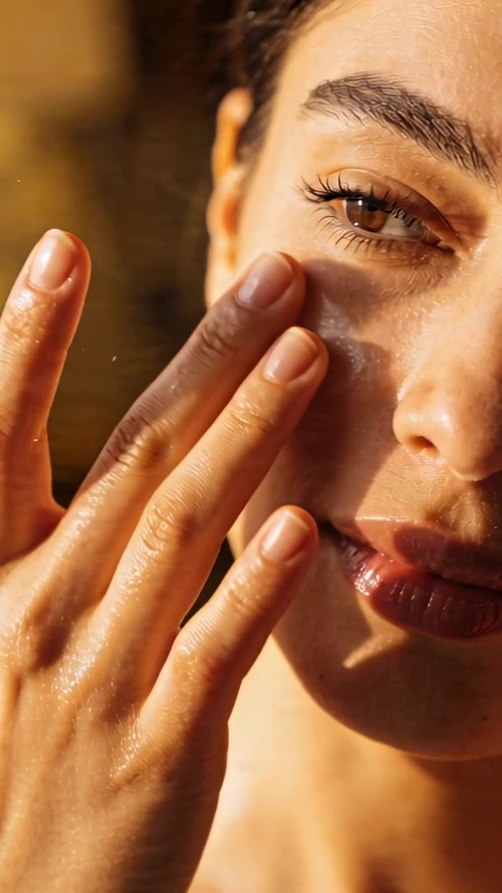 Video verticale: Donna che applica la crema sotto gli occhi davanti alla specchiera con una noce bianca che idrata la pelle.
