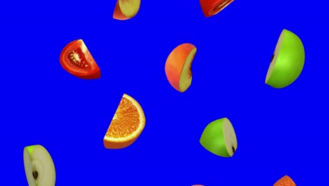 pieces of fruits falling on blue screen, seamless loop, cg