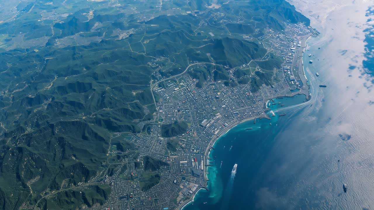 Aerial view of a coastal city nestled between mountains and the sea