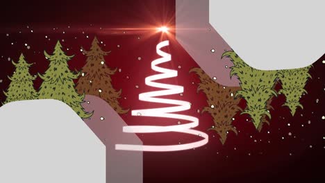 Animation-Eines-Weihnachtlichen-Weißen-Bandes,-Das-Einen-Weihnachtsbaum-Auf-Rotem-Hintergrund-Bildet