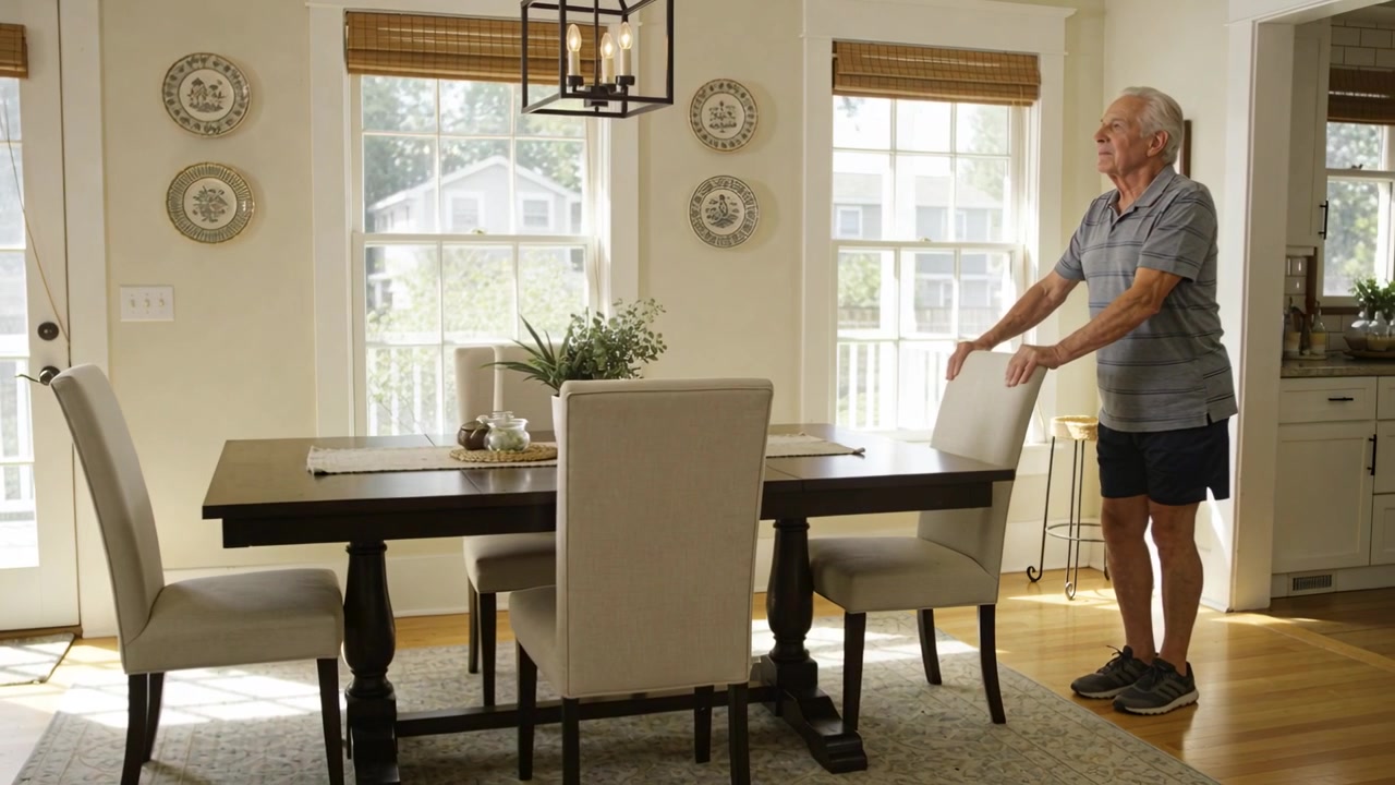Gripping chair, senior doing calf raises for balance at dining table by windows, polo, copy space