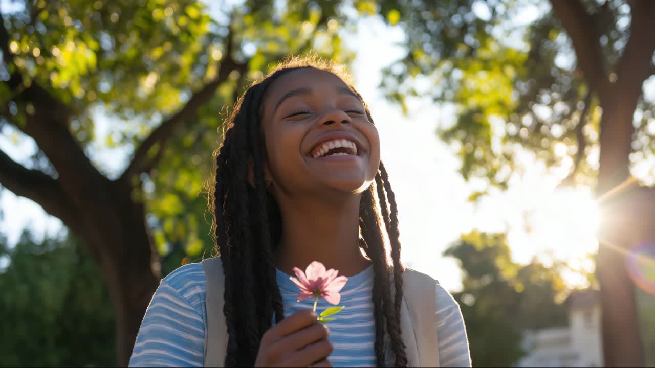 Smiling Girl with Flower in Sunlight