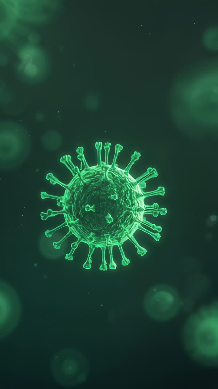 Vertical video: Pulsing neon virus spinning spikes wobbling in dark green fluid to show core