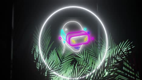 animation of neon head in vr headset and ring in white neon, over palm leaves on black background