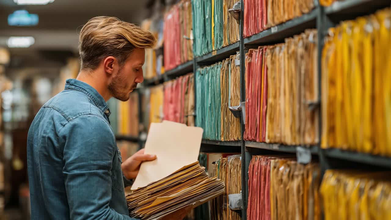 Focused Researcher Analyzing Archives: A Dedicated Individual Sorting Through Organized File Folders in a Storage Room Filled with Color-Coded Documentation