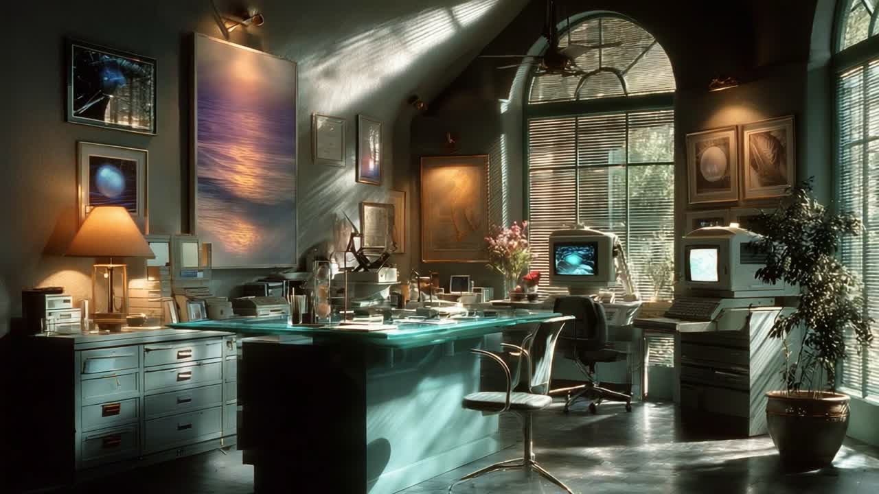 A Serene and Contemporary Workspace Bathed in Natural Light, Featuring Modern Tech, Artistic Decor, and a Cozy Atmosphere Perfect for Creative Inspiration